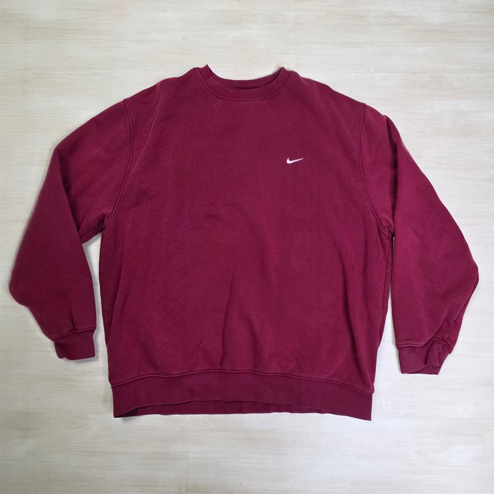 Nike Mens Burgundy Crewneck Sweatshirt Small Swoosh Logo Y2k Silver Tag Size XL